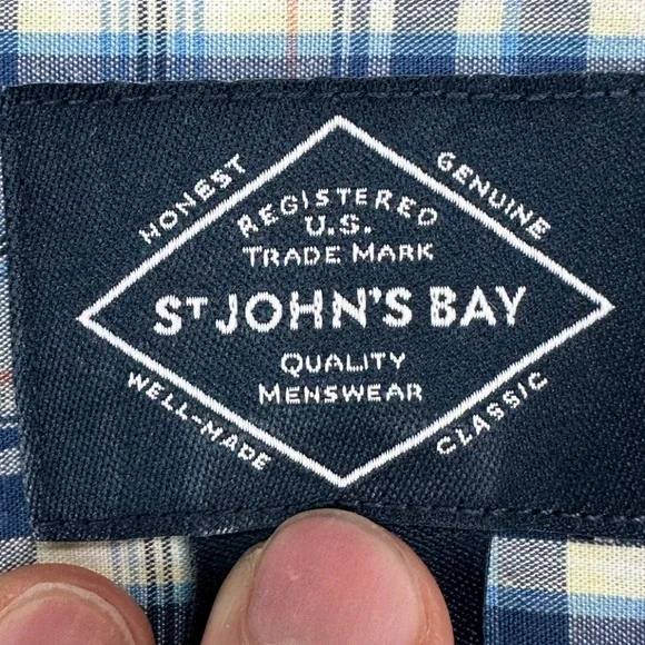 St Johns Bay Button Down Shirt Adult XL Blue Yellow Plaid Comfort Flex Mens NEW